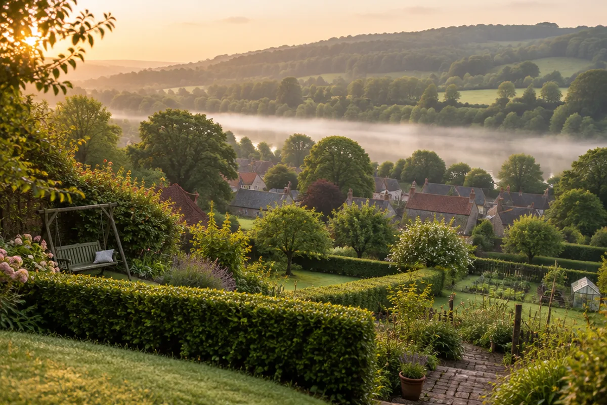 The Rivergate valley at sunrise, mist along the river and the rooftops of the town among trees
