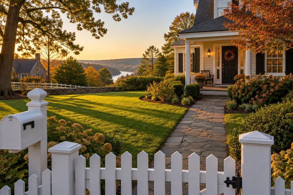 A front garden seen over the gate, letterbox on the post and a brick path up to the porch