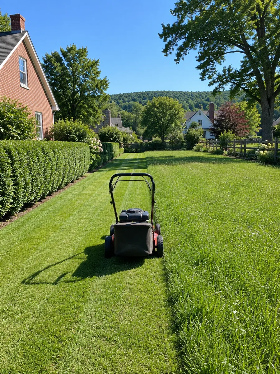A mower stopped halfway along a long lawn at dawn, one cut stripe finished behind it and longer grass ahead