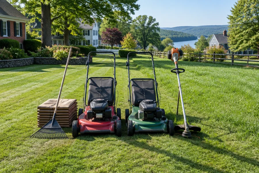 Two mowers and a strimmer stood ready on a dewy half-cut lawn beside a rake and folded sacks