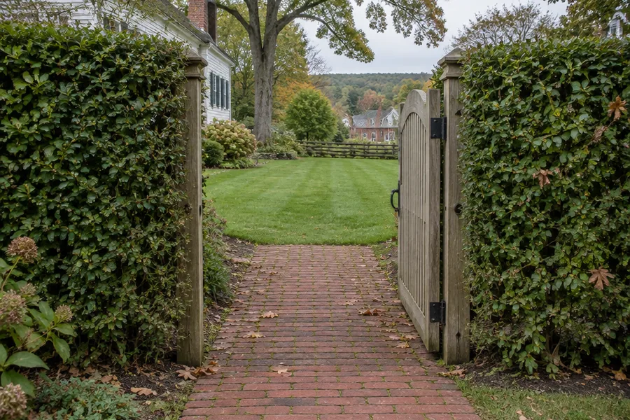 An open garden gate in a clipped hedge with a worn brick path running through to a mown lawn