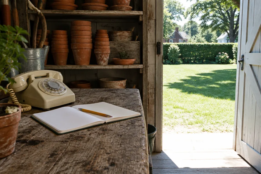 An old rotary telephone and a notebook on a potting bench in an open shed doorway