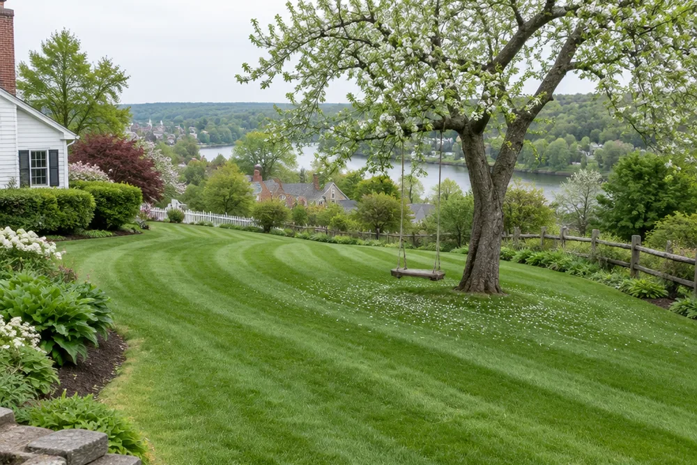 A long back lawn mown in wide stripes curving around a swing seat under an old apple tree