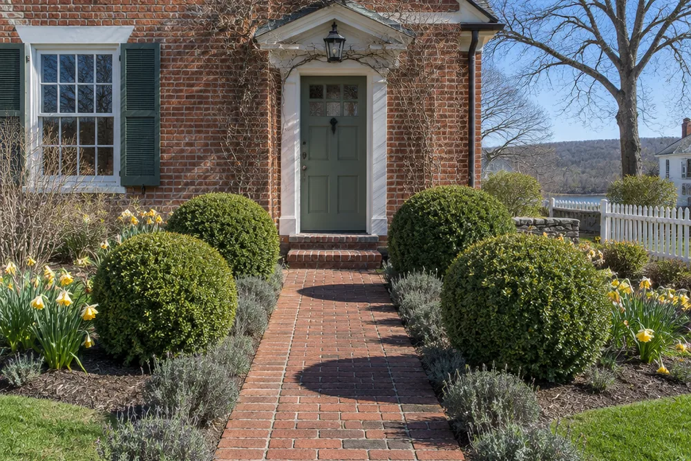 A brick cottage front garden with clipped box balls and lavender along a brick path